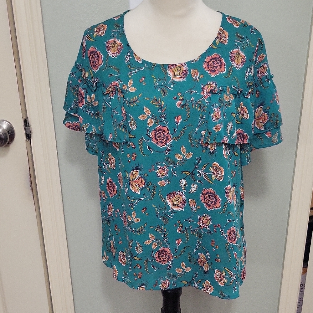 Floral Teal Ruffle Top